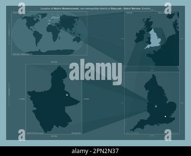 North Warwickshire, nicht-Metropolitan District of England - Großbritannien. Diagramm, das die Position der Region auf Karten mit größerem Maßstab zeigt. Komposition Stockfoto