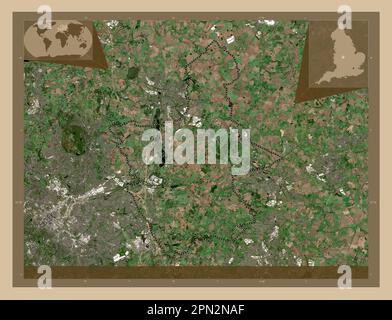 North Warwickshire, nicht-Metropolitan District of England - Großbritannien. Satellitenkarte mit niedriger Auflösung. Eckkarten für zusätzliche Standorte Stockfoto