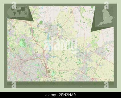 North Warwickshire, nicht-Metropolitan District of England - Großbritannien. Straßenkarte Öffnen. Eckkarten für zusätzliche Standorte Stockfoto