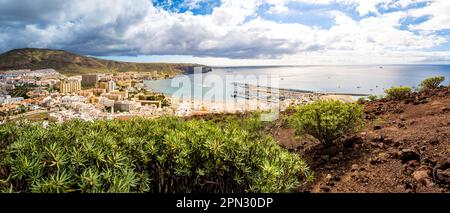 Blick vom Chayofita Berg mit Tabaiba Sträuchern zeigt das Touristenziel Los Cristianos Bay, einschließlich Playa de los Cristianos Strand. Stockfoto