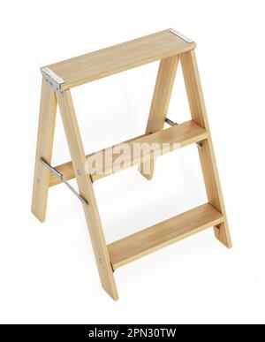 Dreistufige Klappleiter aus Holz. 3D Abbildung. Stockfoto