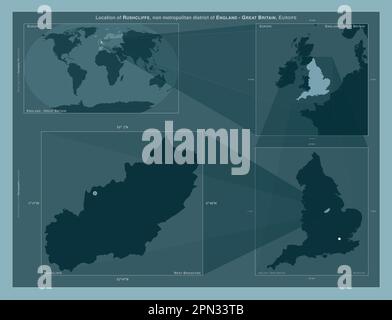 Rushcliffe, nicht städtischer Bezirk von England - Großbritannien. Diagramm, das die Position der Region auf Karten mit größerem Maßstab zeigt. Zusammensetzung des Vect Stockfoto