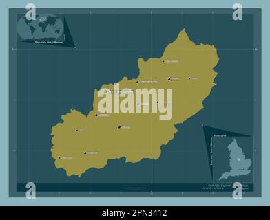 Rushcliffe, nicht städtischer Bezirk von England - Großbritannien. Durchgehende Farbform. Standorte und Namen der wichtigsten Städte der Region. Ecken-Hilfsaggregat Stockfoto