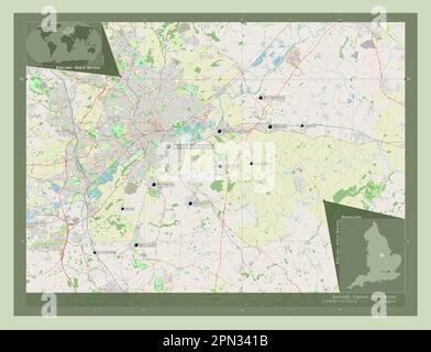 Rushcliffe, nicht städtischer Bezirk von England - Großbritannien. Straßenkarte Öffnen. Standorte und Namen der wichtigsten Städte der Region. Ecken-Zusatzgerät Stockfoto