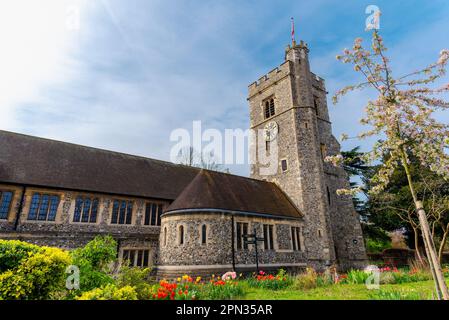 Szene von St. PETER und St. PAUL, DIE PFARRKIRCHE VON BROMLEY im Frühling und der wunderschöne Innenhof. England – Vereinigtes Königreich Stockfoto