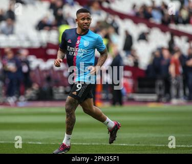 London, Großbritannien. 16. April 2023. Gabriel Jesus #9 von Arsenal in der Aufwärmphase vor dem Spiel während des Premier League-Spiels West Ham United gegen Arsenal im London Stadium, London, Großbritannien, 16. April 2023 (Foto von Arron Gent/News Images) in London, Großbritannien, am 4./16. April 2023. (Foto: Arron Gent/News Images/Sipa USA) Guthaben: SIPA USA/Alamy Live News Stockfoto