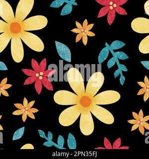 Aquarell farbenfrohes, nahtloses Blumenmuster. Handgezeichnete gelbe und rote Blumen auf schwarzem Hintergrund. Durchgehender Rasterdruck für Stoff, Textil oder Tapa Stockfoto