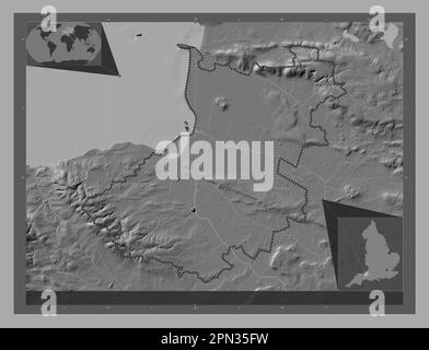 Sedgemoor, nicht städtischer Bezirk von England - Großbritannien. Bilevel-Höhenkarte mit Seen und Flüssen. Eckkarten für zusätzliche Standorte Stockfoto