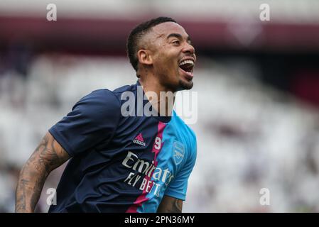 London, Großbritannien. 16. April 2023. Gabriel Jesus #9 von Arsenal in der Aufwärmphase vor dem Spiel während des Premier League-Spiels West Ham United gegen Arsenal im London Stadium, London, Großbritannien, 16. April 2023 (Foto von Arron Gent/News Images) in London, Großbritannien, am 4./16. April 2023. (Foto: Arron Gent/News Images/Sipa USA) Guthaben: SIPA USA/Alamy Live News Stockfoto