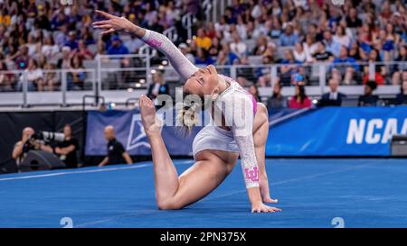 Fort Worth, USA. 15. April 2023. Makenna Smith von der University of Utah erzielte mit einem Ergebnis von 9,925 einen fünften Platz in der Bodenübung und half ihrem Team, den dritten Platz im Finale der NCAA Women's Gymnastics Championship in Dickie's Arena, Fort Worth, Texas, am 15. April 2023 zu erreichen (Foto von Jeff Wong/Sipa USA) Guthaben: SIPA USA/Alamy Live News Stockfoto