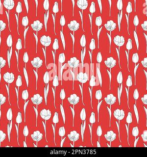 Von Hand gezeichnetes nahtloses Vektormuster weißer Tulpen auf rotem Hintergrund im Kritzelstil, Tintenfleck Stock Vektor