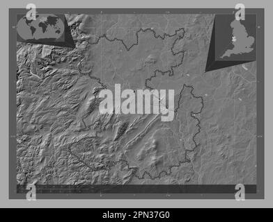 Shropshire, Verwaltungsbezirk England - Großbritannien. Bilevel-Höhenkarte mit Seen und Flüssen. Eckkarten für zusätzliche Standorte Stockfoto