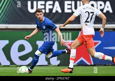 Hugo Cuypers of Gent , das bei einem Fußballspiel zwischen AA Gent und West Ham United während des ersten Halbfinales der UEFA Conference League für die Saison 2022-2023 am Sonntag , dem 13 . April 2023 in Gent , Belgien , abgebildet wurde . FOTO SPORTPIX | Dirk Vuylsteke Stockfoto