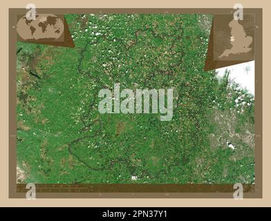 Shropshire, Verwaltungsbezirk England - Großbritannien. Satellitenkarte mit niedriger Auflösung. Eckkarten für zusätzliche Standorte Stockfoto