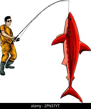 vektordarstellung des Fangs auf Haien, der Fischer zieht einen großen Fisch Stock Vektor