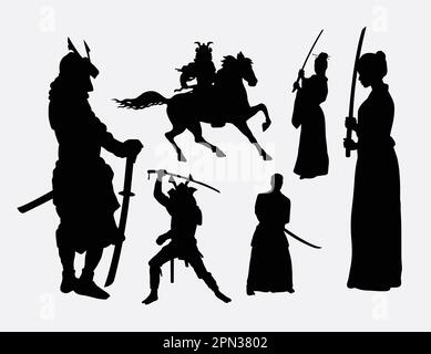 Samurai, männliche japanische Krieger-Silhouetten. Geeignet für Symbol, Logo, Websymbol, Maskottchen oder jedes beliebige Design. Einfach zu verwenden. Stock Vektor