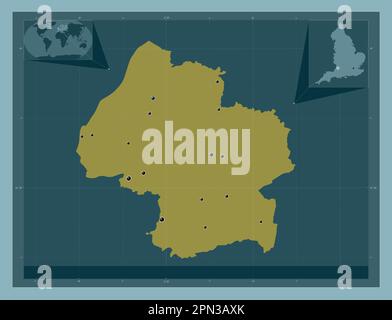 South Gloucestershire, Einheit von England - Großbritannien. Durchgehende Farbform. Standorte der wichtigsten Städte der Region. Ecke Zusatzanschluss Stockfoto