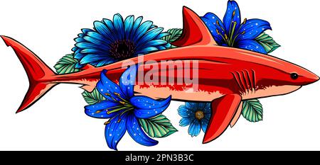 Hai mit Blumen Dekorationselementen Design Vektordarstellung Stock Vektor