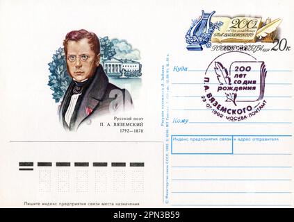 Prinz Pjotr Andrejewitsch Wjasemsky (Russisch: Пëтр Андреевич Вяземский; 23. Juli 1792 – 22. November 1878) war ein russischer kaiserlicher Dichter, eine führende Persönlichkeit des Goldenen Zeitalters der russischen Poesie. FDC Old Vintage Postkarte aus Russland, 1992. Stockfoto