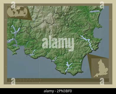 South Hams, nicht städtischer Bezirk von England - Großbritannien. Höhenkarte im Wiki-Stil mit Seen und Flüssen. Lage der Zusatzgeräte an der Ecke Stockfoto