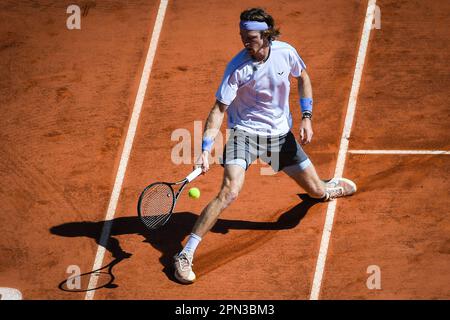 Roquebrune-Cap-Martin, Frankreich, Frankreich. 16. April 2023. Andrey RUBLEV aus Russland am 8. Tag der Rolex Monte-Carlo Masters 2023, ATP Masters 1000 Tennis Turnier im Monte-Carlo Country Club am 16. April 2023 in Roquebrune-Cap-Martin, Frankreich. (Kreditbild: © Matthieu Mirville/ZUMA Press Wire) NUR REDAKTIONELLE VERWENDUNG! Nicht für den kommerziellen GEBRAUCH! Stockfoto