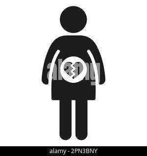 Fehlgeburt, Verlust eines Schwangerschaftssymbols. Eine Frau steckt die Figur mit dem Symbol für gebrochenes Herz in ihren Bauch. Vektorpiktogramm. Stock Vektor
