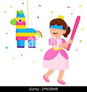 Ein kleines Mädchen im Prinzessinnen-Kleid schlägt mit einem Schläger Pinata. Kindergeburtstagsparty, süße Cartoon-Vektorzeichnung. Stock Vektor