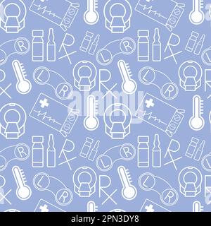 Medizinisches Muster mit Elementen von Thermometer, mrt, Pillen in einer Box, Kontaktlinsen, Rezeptlogo und Ampullen Stock Vektor