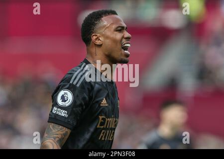 London, Großbritannien. 16. April 2023. Gabriel #6 von Arsenal ruft während des Premier League-Spiels West Ham United gegen Arsenal im London Stadium, London, Großbritannien, 16. April 2023 (Foto von Arron Gent/News Images) in London, Großbritannien, am 4./16. April 2023. (Foto: Arron Gent/News Images/Sipa USA) Guthaben: SIPA USA/Alamy Live News Stockfoto