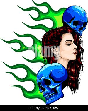 Weiblicher Kopf mit Schädel auf weißem Hintergrund, isolierte Vektordarstellung Stock Vektor