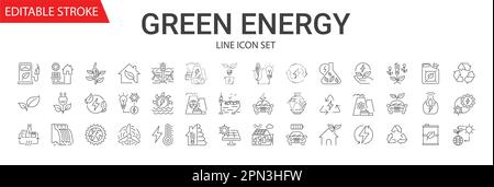 Grüner Energievektor, lineare Symbole gesetzt. Elektroauto, Kernkraftwerk, Windkraft, Solarpaneele, grüne Energie, Wasserressource, Biokraftstoff, Luftverschmutzung, gl Stock Vektor