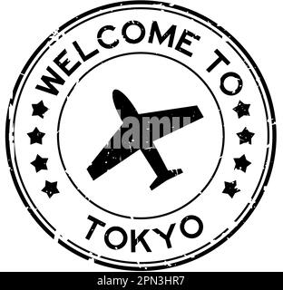 Grunge Black Willkommen bei tokyo Word mit Flugzeugsymbol, rundem Gummisiegelstempel auf weißem Hintergrund Stock Vektor