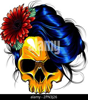 vektordarstellung von menschlichem Schädel und Blumenkranz auf weißem Hintergrund. Digitale Zeichnung Stock Vektor