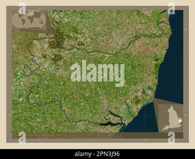 Suffolk, Verwaltungsbezirk England - Großbritannien. Hochauflösende Satellitenkarte. Eckkarten für zusätzliche Standorte Stockfoto