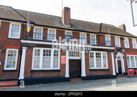 Argent Street, Grays, Essex, Großbritannien. 16. April 2023. Rund 30 golliwog-Puppen, die seit fast zehn Jahren ausgestellt waren, wurden am 4. April im Rahmen einer Untersuchung eines mutmaßlichen Hassvergehens vom White Hart Inn aus von der Polizei beschlagnahmt. Das White Hart Inn wurde auch aus der Kampagne für Real Ales Good Beer Guide gestrichen. Die Polizei untersucht weiterhin mutmaßliche rassistische Kommentare des Vermieters in sozialen Medien, während der Vorfall weiterhin Anschuldigungen über „Wokeismus“ im Internet aufwirft. Die Fenster waren beschädigt und die Außenseite war verstümmelt Stockfoto