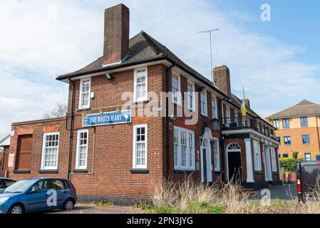 Argent Street, Grays, Essex, Großbritannien. 16. April 2023. Rund 30 golliwog-Puppen, die seit fast zehn Jahren ausgestellt waren, wurden am 4. April im Rahmen einer Untersuchung eines mutmaßlichen Hassvergehens vom White Hart Inn aus von der Polizei beschlagnahmt. Das White Hart Inn wurde auch aus der Kampagne für Real Ales Good Beer Guide gestrichen. Die Polizei untersucht weiterhin mutmaßliche rassistische Kommentare des Vermieters in sozialen Medien, während der Vorfall weiterhin Anschuldigungen über „Wokeismus“ im Internet aufwirft. Die Fenster waren beschädigt und die Außenseite war verstümmelt Stockfoto