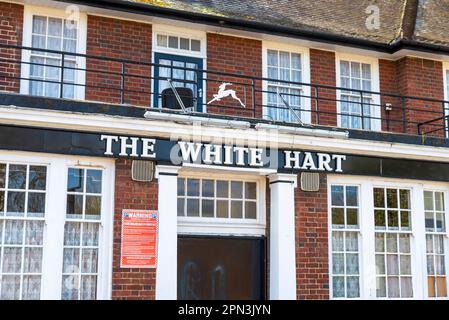 Argent Street, Grays, Essex, Großbritannien. 16. April 2023. Rund 30 golliwog-Puppen, die seit fast zehn Jahren ausgestellt waren, wurden am 4. April im Rahmen einer Untersuchung eines mutmaßlichen Hassvergehens vom White Hart Inn aus von der Polizei beschlagnahmt. Das White Hart Inn wurde auch aus der Kampagne für Real Ales Good Beer Guide gestrichen. Die Polizei untersucht weiterhin mutmaßliche rassistische Kommentare des Vermieters in sozialen Medien, während der Vorfall weiterhin Anschuldigungen über „Wokeismus“ im Internet aufwirft. Die Fenster waren beschädigt und die Außenseite war verstümmelt Stockfoto