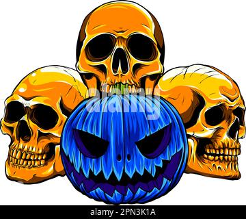 vektordarstellung eines halloween-Kürbiss mit Schädeln auf weißem Hintergrund. Digitale Zeichnung Stock Vektor