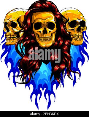 Goldener menschlicher Schädel mit blauen Flammen und Feuervektordarstellung auf weißem Hintergrund Stock Vektor