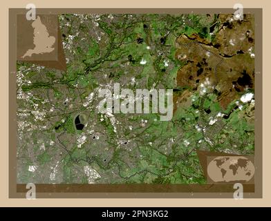 Tameside, metropolitan district of England - Great Britain. Low resolution satellite map. Locations of major cities of the region. Corner auxiliary lo Stockfoto