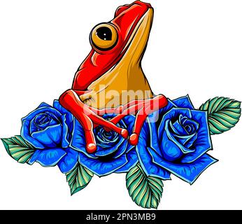 Vektordarstellung von Frosch und Blumen auf weißem Hintergrund Stock Vektor