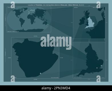 Tendring, nicht-Metropolitan District von England - Großbritannien. Diagramm, das die Position der Region auf Karten mit größerem Maßstab zeigt. Zusammensetzung des Vektors Stockfoto