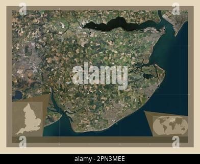 Tendring, nicht-Metropolitan District von England - Großbritannien. Hochauflösende Satellitenkarte. Standorte der wichtigsten Städte der Region. Ecken-Hilfsaggregat Stockfoto