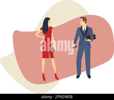 Eine Frau in einem roten Kleid und ein Mann im Anzug mit Smartphones in der Hand. Infografiken für Büromitarbeiter in Unternehmen. Vektordarstellung im Cartoon-Stil Stock Vektor