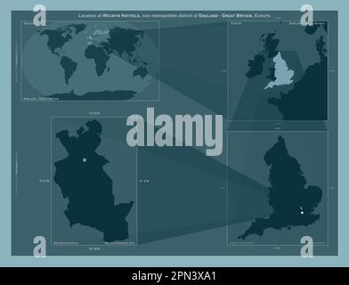 Welwyn Hatfield, nicht städtischer Bezirk von England - Großbritannien. Diagramm, das die Position der Region auf Karten mit größerem Maßstab zeigt. Zusammensetzung von Stockfoto