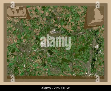 Welwyn Hatfield, nicht städtischer Bezirk von England - Großbritannien. Satellitenkarte mit niedriger Auflösung. Standorte und Namen der wichtigsten Städte der Region Stockfoto