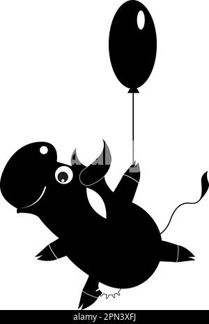 Süße Kuh, die einen Luftballon hält. Lächelnde Kuh, die mit einem Luftballon spaziert. Schwarz auf Weiß Stock Vektor