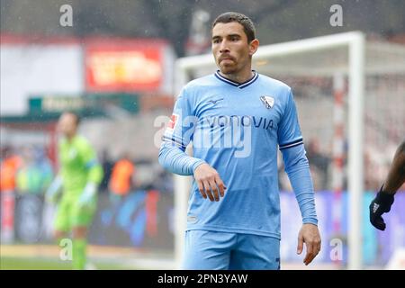 Berlin, Deutschland. 16. April 2023. Danilo Soares vom VfL Bochum wartet am 16. April 2023 in einem der alten Forsterei in Berlin auf den Ball. Während des Spiels zwischen 1 Uhr. FC Union Berlin gegen VfL Bochum, Runde 28 der Bundesliga. ( Kredit: Iñaki Esnaola/Alamy Live News Stockfoto