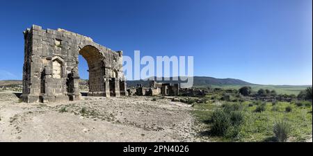 Marokko, Afrika: Blick auf den Triumphbogen, der von Marcus Aurelius Sebastianus zu Ehren von Caracalla in Volubilis, einer römischen Ausgrabungsstätte, erbaut wurde Stockfoto