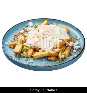 Frühstücksmenü im Restaurant, Pommes Frites mit Speck, Spiegelei und Käse Stockfoto